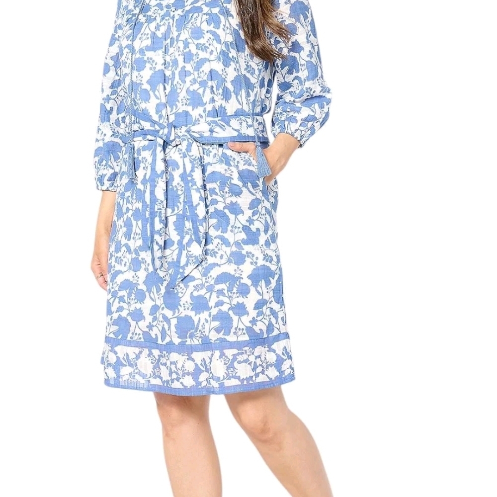 Studio Park Blue and White Floral Lined Belted Dress Size Large Petite Chest 24"